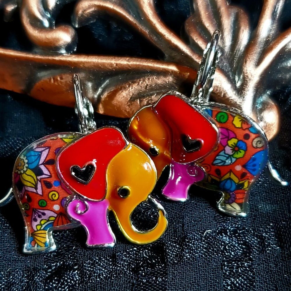 Enamel Elephant Earrings Red Ears, Orange Trunk
